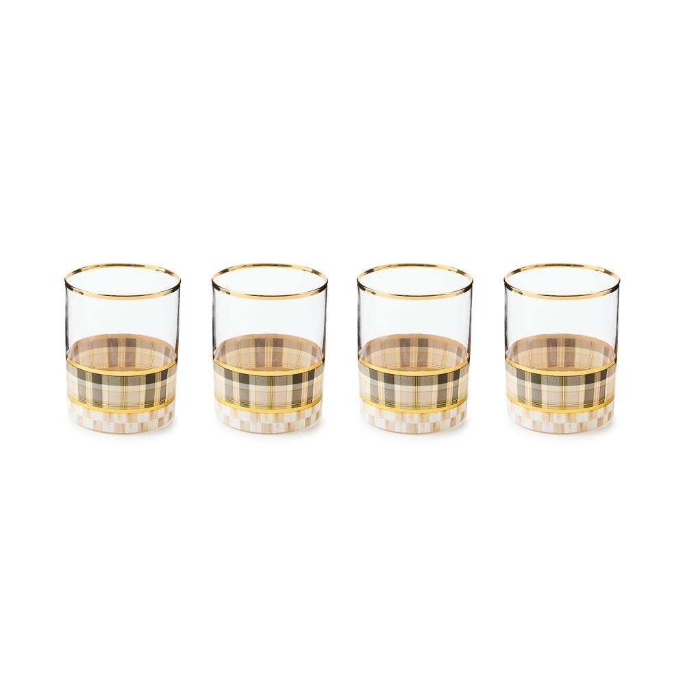 NEW Mackenzie-Childs Mocha Tartan Mocha Glassware, Set of 4